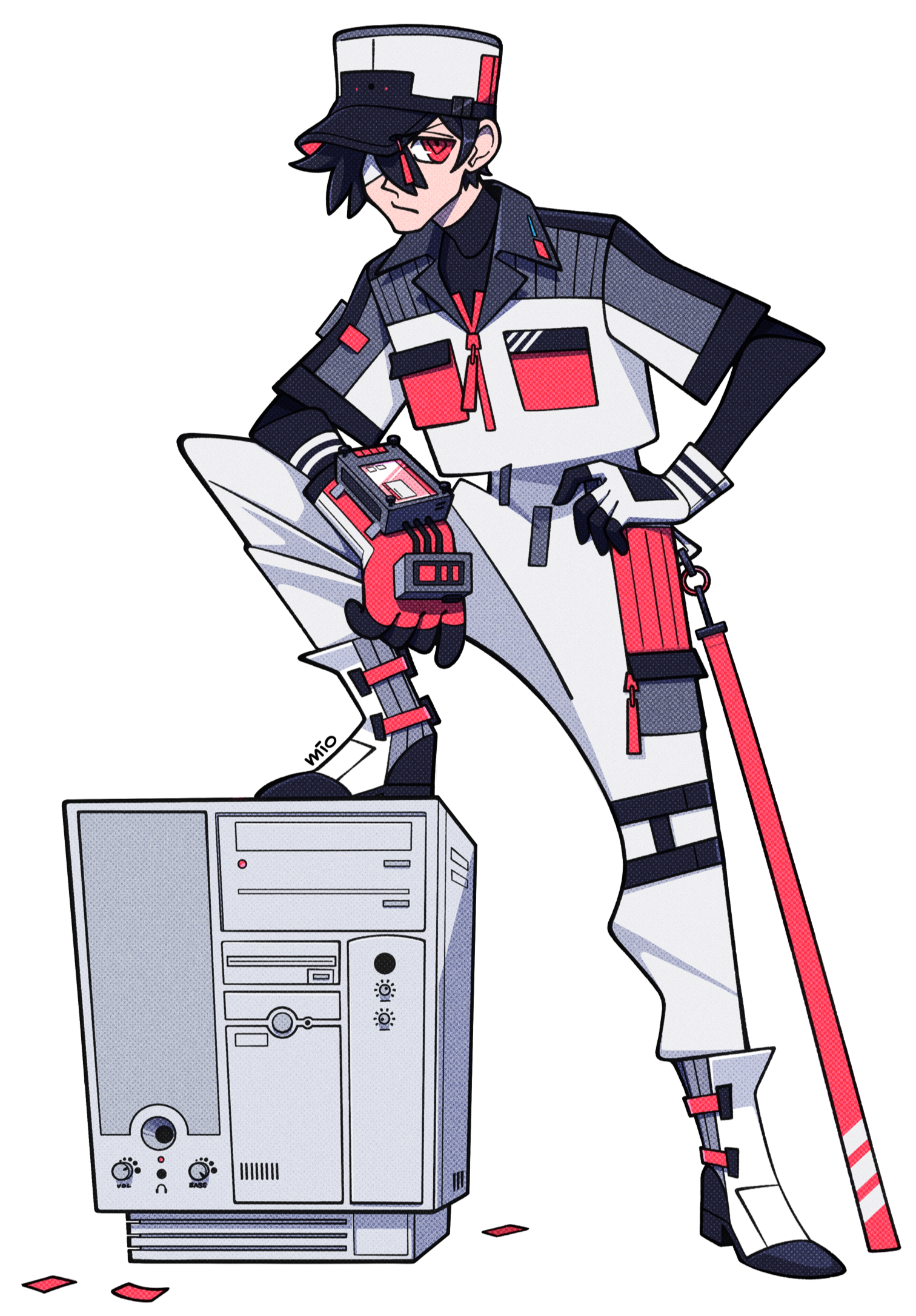 Full body drawing of a man in a jumpsuit leaning on a computer